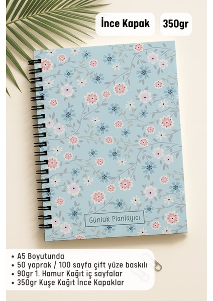 Günlük Planlayıcı A5 Defter, Notlar, Yapılacaklar, Esnek Karton Kapaklı, 100 Günlük, Mavi Çiçekli fiyatları