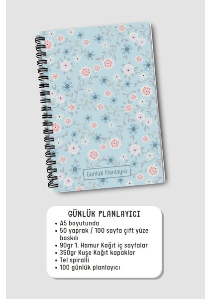 Günlük Planlayıcı A5 Defter, Notlar, Yapılacaklar, Esnek Karton Kapaklı, 100 Günlük, Mavi Çiçekli