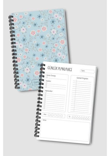 Günlük Planlayıcı A5 Defter, Notlar, Yapılacaklar, Esnek Karton Kapaklı, 100 Günlük, Mavi Çiçekli