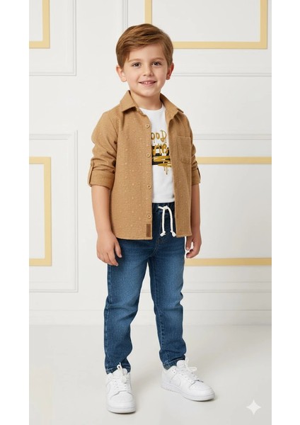 Erkek Çocuk 3'lü Kombin Takım -Cepli Gömlek, %100 Pamuk Tişört ve Likralı Beli Lastikli Jean Pantolon