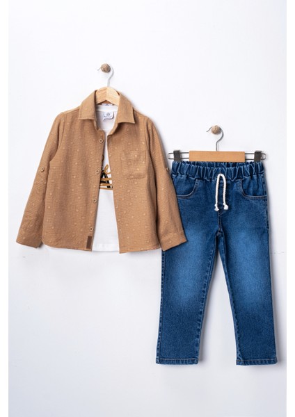 Erkek Çocuk 3'lü Kombin Takım -Cepli Gömlek, %100 Pamuk Tişört ve Likralı Beli Lastikli Jean Pantolon fiyatları