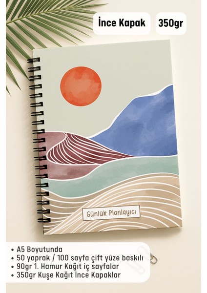 Günlük Planlayıcı A5 Defter, Notlar, Yapılacaklar, Esnek Karton Kapaklı, 100 Günlük, Mavi Boho