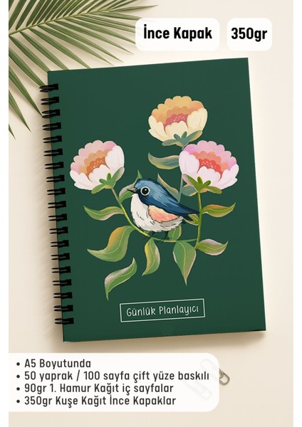 Günlük Planlayıcı A5 Defter, Notlar, Yapılacaklar, Esnek Karton Kapaklı, 100 Günlük, Yeşil Kuşlu
