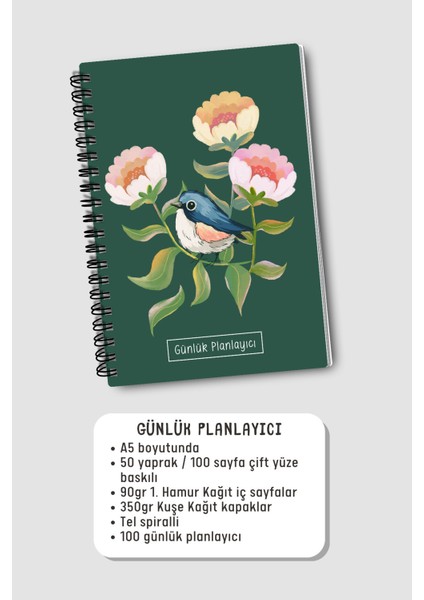 Günlük Planlayıcı A5 Defter, Notlar, Yapılacaklar, Esnek Karton Kapaklı, 100 Günlük, Yeşil Kuşlu