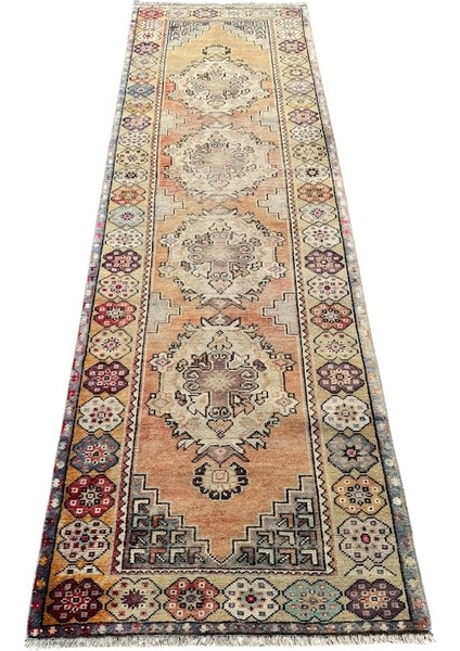 El Dokuma Vintage Eskitme Maden Halısı 94X300 Yün 3 Metre Yolluk Renkli