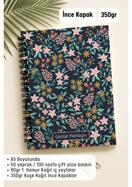 Günlük Planlayıcı A5 Defter, Notlar, Yapılacaklar, Esnek Karton Kapaklı, 100 Günlük, Karışık Çiçekli