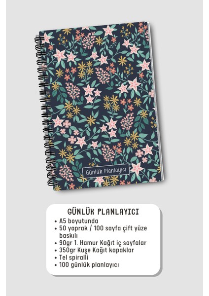Günlük Planlayıcı A5 Defter, Notlar, Yapılacaklar, Esnek Karton Kapaklı, 100 Günlük, Karışık Çiçekli indirimleri