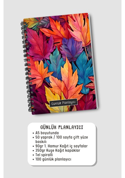 Günlük Planlayıcı A5 Defter, Notlar, Yapılacaklar, Esnek Karton Kapaklı, 100 Günlük, Renkli Yapraklı