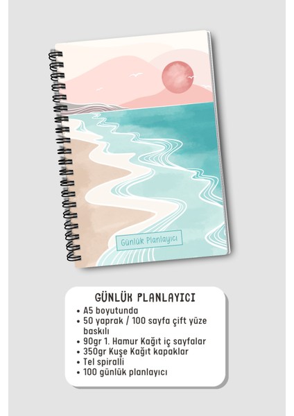 Günlük Planlayıcı A5 Defter, Notlar, Yapılacaklar, Esnek Karton Kapaklı, 100 Günlük, Pembe Boho