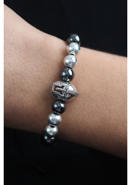 Doğal Taş Gladyatör Gümüş ve Füme Renk Asansörlü Erkek Bileklik - TJ-EB3758