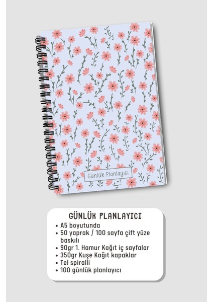 Günlük Planlayıcı A5 Defter, Notlar, Yapılacaklar, Esnek Karton Kapaklı, 100 Günlük, Pembe Çiçekli fırsatları