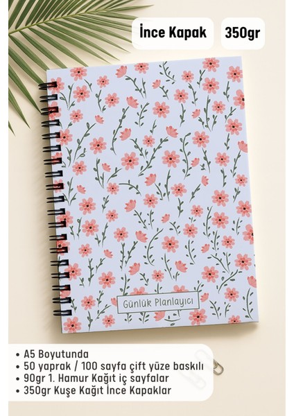 Günlük Planlayıcı A5 Defter, Notlar, Yapılacaklar, Esnek Karton Kapaklı, 100 Günlük, Pembe Çiçekli