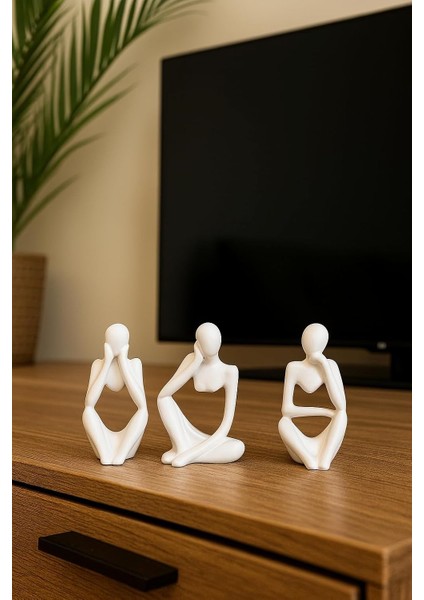 Ev & Ofis Dekoru – Beyaz 3’lü Insan Figürü Seti | El Yapımı Minimalist Heykel Takımı