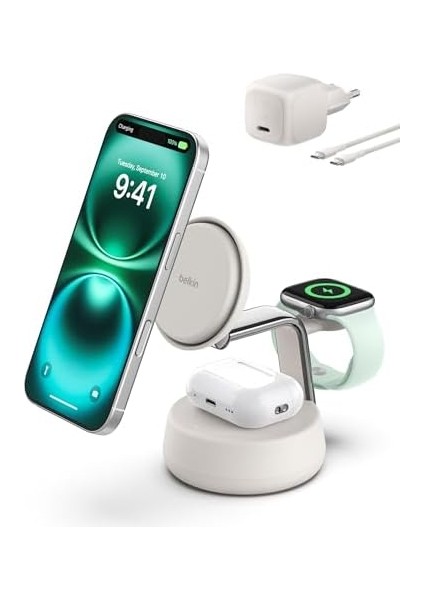 Ultracharge Pro Magsafe Uyumlu 3’ü 1 Arada Qi2 25W Kablosuz Şarj Cihazı, 17,, Airpods, Pixelsnap, Seyahat ve Masaüstü Standı, 45W Adaptör, Kum Rengi