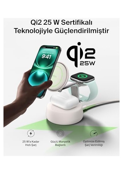 Ultracharge Pro Magsafe Uyumlu 3’ü 1 Arada Qi2 25W Kablosuz Şarj Cihazı, 17,, Airpods, Pixelsnap, Seyahat ve Masaüstü Standı, 45W Adaptör, Kum Rengi fiyatları