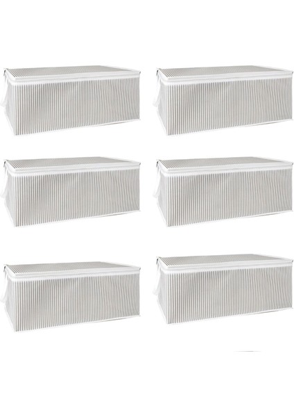 Gri Çizgili Büyük Boy Kumaş Hurç, Altı Düzenleyici, 64X45X22 Cm, Fermuarlı Saklama Kutusu 6 Adet