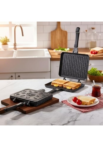 Çift Taraflı Ocak Üstü Döküm Tost Makinesi, Granit Efektli Yanmaz Yapışmaz Sandviç ve Tost Tavası - Hamburger, Omlet ve Aperatifler Için Ideal | Ergonomik Saplı Kolay Temizlenebilir Grill Tava modelleri