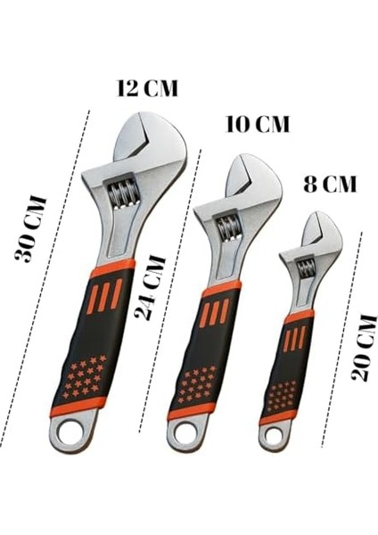 3’lü Ayarlı Ingiliz Anahtarı-Kurbağacık Seti – 8", 10" ve 12" Boy, Kaymaz Saplı, Profesyonel El Aleti fiyatları