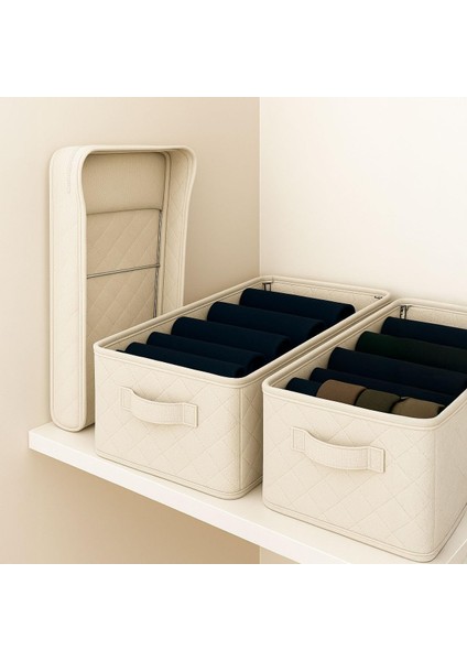 Raf Düzenleyici, Katlanabilir Kıyafet Organizeri, Çelik Destekli Tela Kumaş Çok Amaçlı Saklama Kutusu, Dolap Içi Çekmece Düzenleyici, Krem (45X25X20CM)