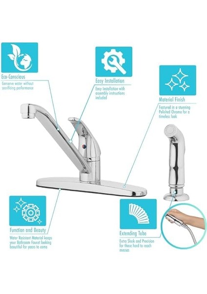 Aqua 22-K81WS-CH-AV Yan Spreyli Mutfak Lavabo Bataryası, Cilalı Krom Tek Saplı