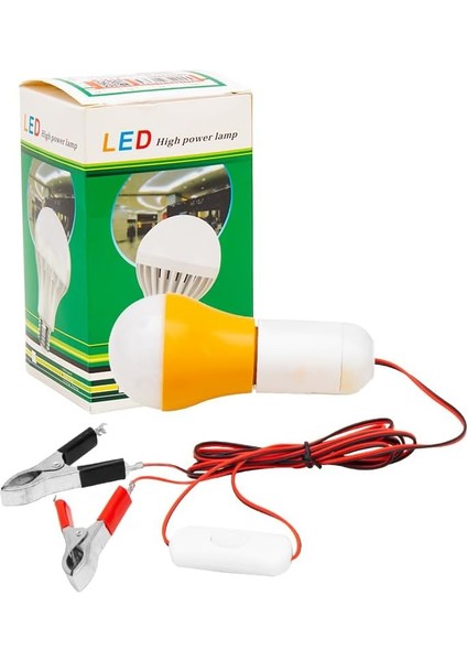 4 Metre Kablolu, Akü Maşalı, 12 Volt, 10 Watt, Beyaz 6500K, LED Ampul, (Dc 12 Volt Aküler Için), Kamp, Karavan, Tekne, 1 Adet,