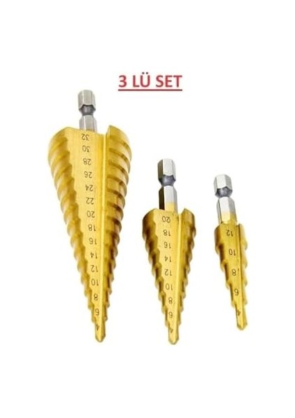 3’lü Kademeli Matkap Ucu Seti – Huni Şekilli Paslanmaz Çelik Sac Delme Uçları, Alüminyum, Demir, Sac Metal ve Ince Levha Delme Için Drill Panç Seti