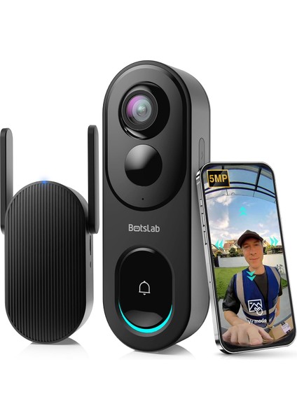 Kablosuz Kapı Zili Kamerası, Homebase ile 5 Mp Video Kapı Zili, 180° Panoramik Görünüm, Aylık Ücret Yok, 2,4 Ghz Wifi, Yapay Zeka Hareket Algılama, Vr Modu