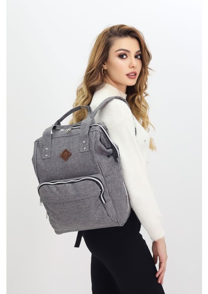 Termal Bölmeli Gri Anne Bebek Sırt Çantası Melanj Kumaş Su Geçirmez Bebek Bakım Çantası Puset Uyumlu