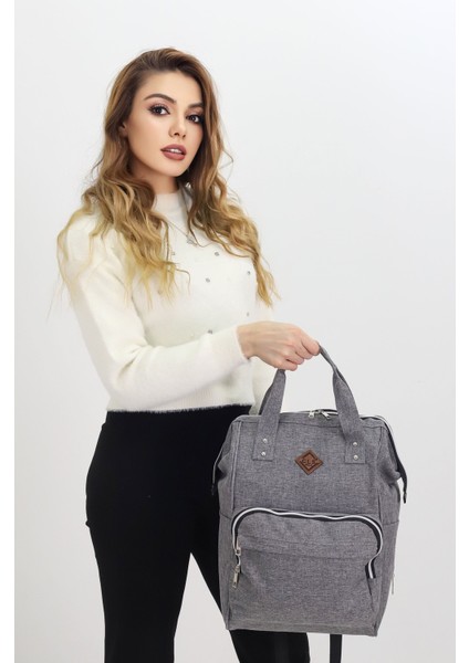 Termal Bölmeli Gri Anne Bebek Sırt Çantası Melanj Kumaş Su Geçirmez Bebek Bakım Çantası Puset Uyumlu