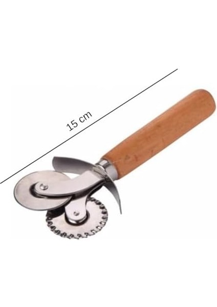 Pizza ve Hamur Kesici – Ahşap Saplı Çift Bıçaklı Paslanmaz Çelik, Düz ve Tırtıklı Bıçaklı Dilimleyici | Profesyonel Mutfak Aracı