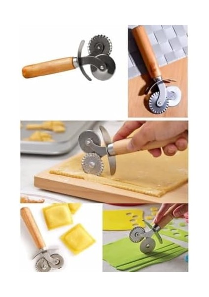 Pizza ve Hamur Kesici – Ahşap Saplı Çift Bıçaklı Paslanmaz Çelik, Düz ve Tırtıklı Bıçaklı Dilimleyici | Profesyonel Mutfak Aracı fiyatları