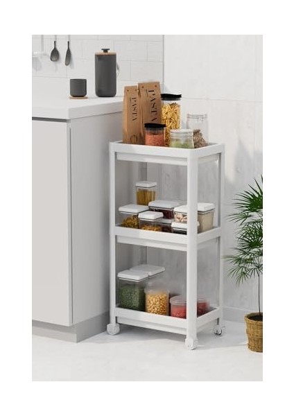 Çok Amaçlı 3 Katlı Tekerlekli Banyo Raf Ünitesi Düzenleyici (Beyaz)