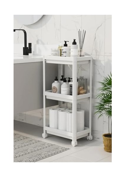 Çok Amaçlı 3 Katlı Tekerlekli Banyo Raf Ünitesi Düzenleyici (Beyaz) fiyatları