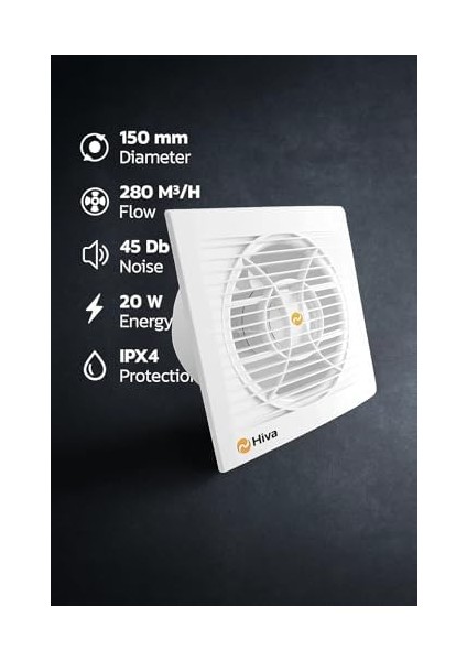 Hiva Banyo ve Tuvalet Aspiratörü, 280 M³/h Debi, 45 Db Sessiz, 20 W Enerji, Ipx4 Su Sıçrama Korumalı, 230 V, 50 Hz, Duvar Tavan Uyumlu, Dekoratif, 150 mm Çap, Beyaz Havalandırma Fanı fiyatları