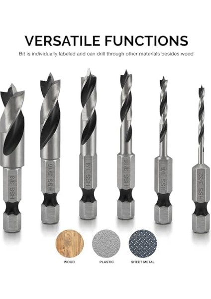 11401A 6 Parçalı Brad Point Matkap Seti, Ahşap Için Kısa Matkap Seti, 6,35 mm Hızlı Değiştirme Altıgen Şaft, Hss 4241 Hızlı Değişim Mandreni ve Tahrikler Için Yüksek Hızlı Çelik, Matkap Tutucu