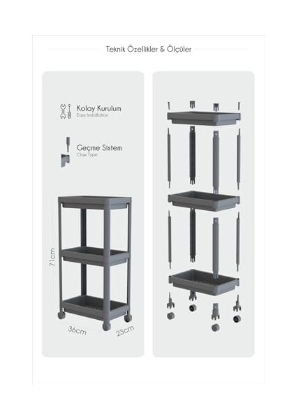 Life 3 Katlı Hazneli Tekerlekli Siyah Mutfak Banyo Rafı Pg MIT1215