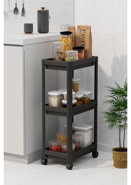 Life 3 Katlı Hazneli Tekerlekli Siyah Mutfak Banyo Rafı Pg MIT1215 modelleri