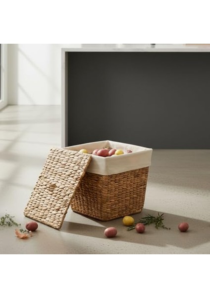 Su Sümbülü Patates Soğan Kovası | Doğal Hasır Saklama Sepeti | El Yapımı Kare Şekilli Mutfak Düzenleyici | Dekoratif Sebze Kovası (25X25X30CM)