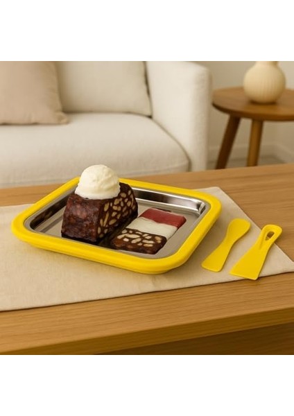 Ev Tipi Dondurma Yapma Kabı – Elektriksiz Rulo Dondurma Makinesi, Paslanmaz Çelik Soğutma Tavası ve Spatula Seti (Sarı) modelleri