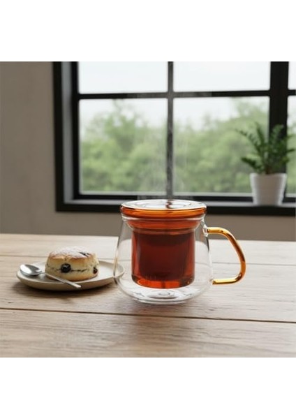 Borosilikat Cam Bitki Çayı Demleme Kupası | Cam Süzgeçli ve Cam Kapaklı Fincan | 350 ml | Tek Kişilik Çay Bardağı (Tombul Rengi)