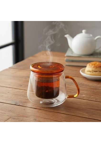 Borosilikat Cam Bitki Çayı Demleme Kupası | Cam Süzgeçli ve Cam Kapaklı Fincan | 350 ml | Tek Kişilik Çay Bardağı (Tombul Rengi) fiyatları