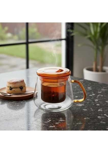 Borosilikat Cam Bitki Çayı Demleme Kupası | Cam Süzgeçli ve Cam Kapaklı Fincan | 350 ml | Tek Kişilik Çay Bardağı (Tombul Rengi) modelleri