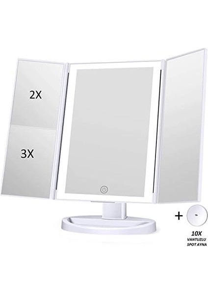 - 1X-2X-3X-10X Büyütmeli 37 LED Işıklı Makyaj Aynası, 3 Panel, Katlanabilir, Dokunmatik Sensörlü (Beyaz) fiyatları