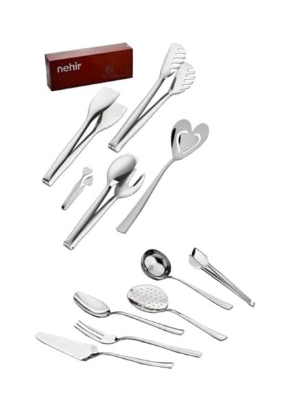 Çelik 11 Parça Spatula Kaşık Kevgir Kepçe Izgara Şeker Makarna Pasta Maşa Takımı Seti