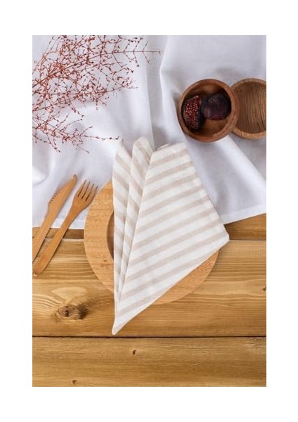 8&apos;li Çizgili Keten Peçete (Açık Kahve)