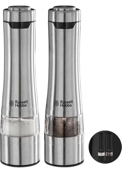 Hobbs Elektrikli Tuz ve Karabiber Öğütücü Seti, Baharat Değirmenleri, Paslanmaz Çelik, Seramik Öğütücü, Öğütme Derecesi Ince ve Iri Ayarlanabilir, LED Aydınlatma, Pilli, Gümüş modelleri