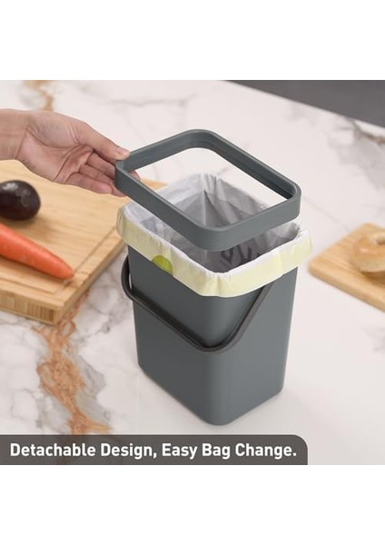 Eko Pure Mini Duvara Monte Kapaklı Mutfak Çöp Kovası, Yiyecek Atıkları Caddesi, 1,32 Gall / 5 L (Gri)