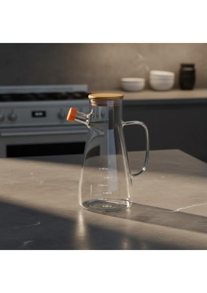 Borosilikat Cam Yağlık - Bambu Kapaklı ve Ölçü Çizgili Sirkelik | Damlatmaz Ağızlı, Dayanıklı, Kurşunsuz Yağdanlık (900 Ml)