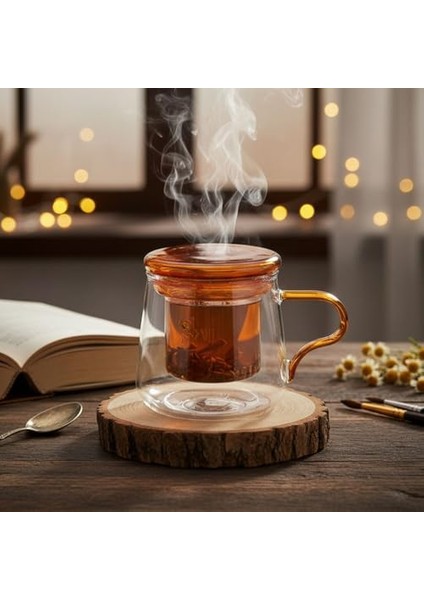 Borosilikat Cam Bitki Çayı Demleme Kupası | Cam Süzgeçli ve Cam Kapaklı Fincan | 350 ml | Tek Kişilik Çay Bardağı (Tombul Uzun Rengi)