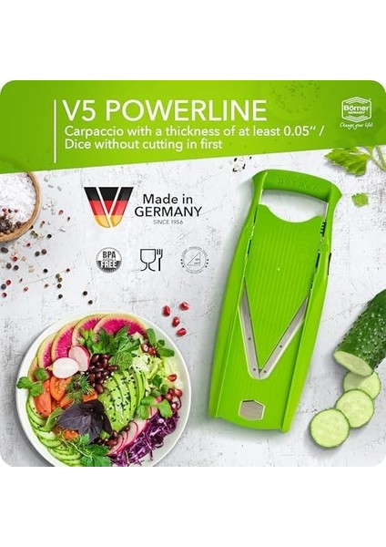 Börner V5 Powerline Sebze Dilimleme Makinesi Başlangıç Seti (6 Adet) • Meyve ve Sebzeler Için Sebze Kesici (V-Planer) + Meyve Tutucu + Kutulu Raflar • 4 Kesme Katmanı modelleri
